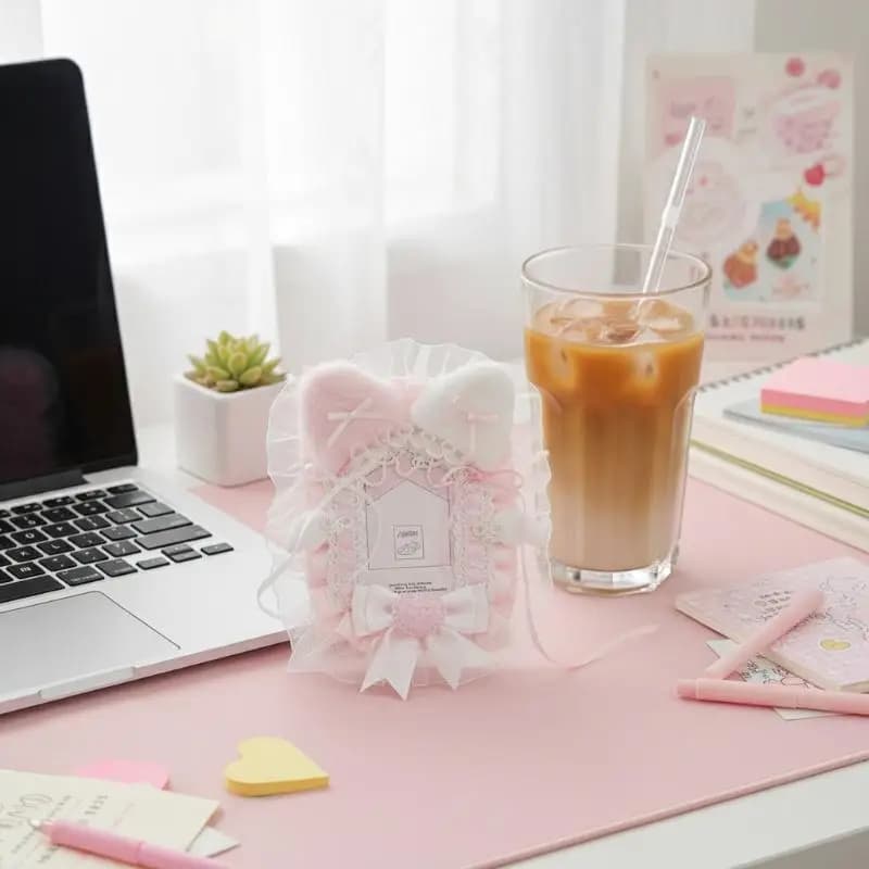 Porta Fotocard in Peluche con Pizzo, Dolce e Carino, per Anime, Lolita, Idol - Custodia Protettiva per Foto con Ciondolo a Fiocco, Accessorio per Borsa