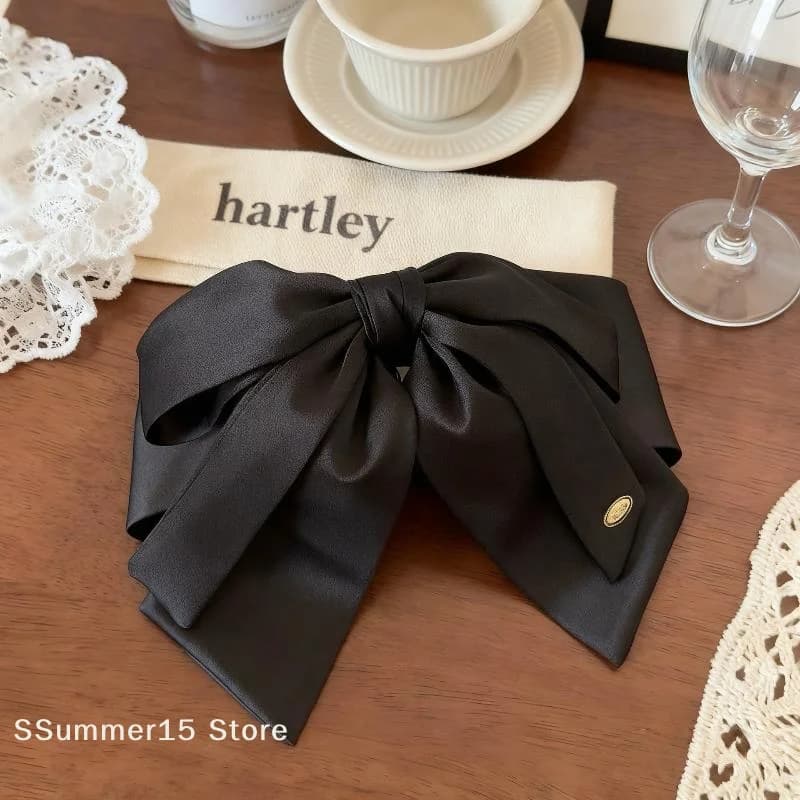 【R】Simple Black Satin Bow Ponytail Clip For Women Girls Light Luxury Hair Clip Temperament Exquisite Hairpin Hair Accessories