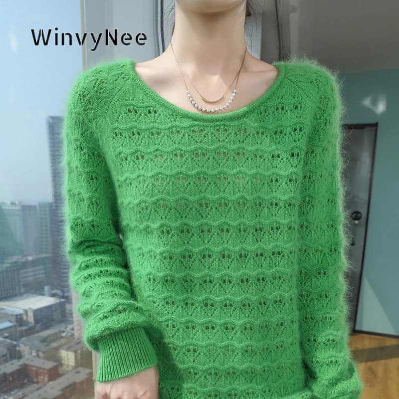 WinvyNee Women Mink Velvet Jumper Hollow Knit Crew Neck Raglan Sleeve Brushed Fabric Loose Soft Touch Casual Chic Wear ZA1248033