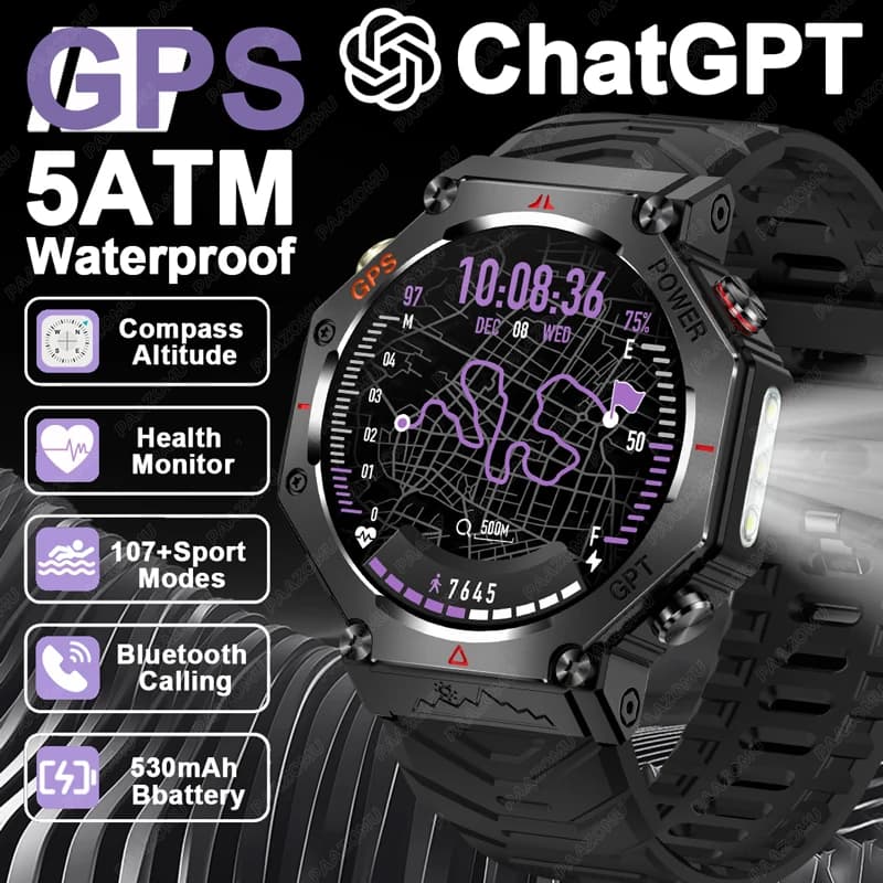 2025 Nuovo ChatGPT Ai Assistant Smart Watch 5ATM Impermeabile GPS incorporato Bussola Militare Sport Smartwatch da uomo per T-Rex 3 Aggiornamento