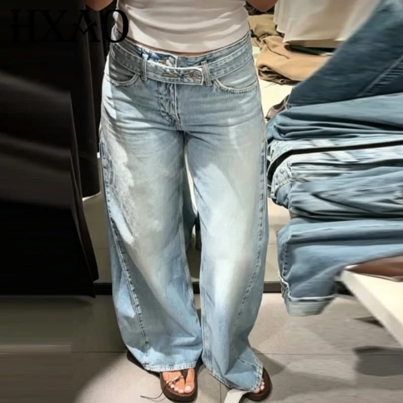Jeans a Gamba Larga Blu da Donna HXAO, Pantaloni Estivi 2026 per Ufficio, Chic a Vita Media con Cintura, Casual in Denim Stile High Street