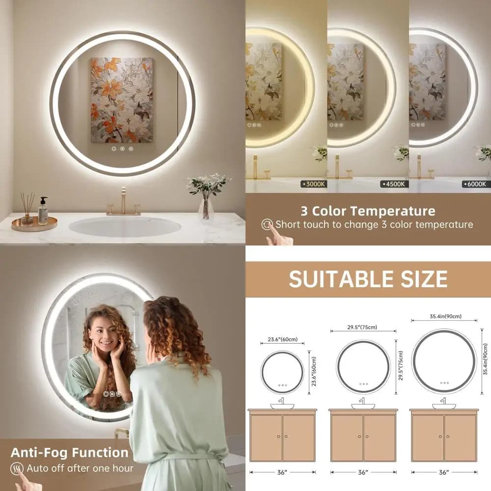 Specchio da Bagno Rotondo con 30 LED, Illuminazione Dimmerabile, 3 Colori Cangianti, Certificazione IP54, Infrangibile