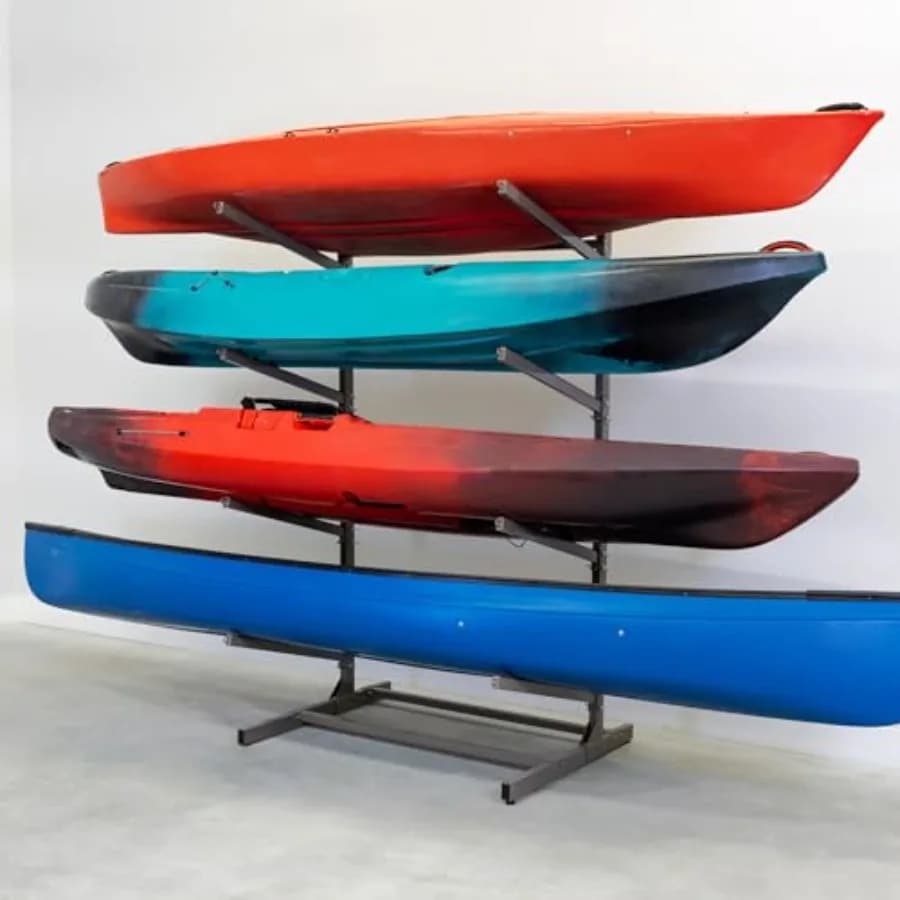 Porta Kayak Autoportante per Uso Interno ed Esterno, Supporto per 4 Kayak/Canoa con Porta Tavole da Surf e Stand Up Paddle Regolabile