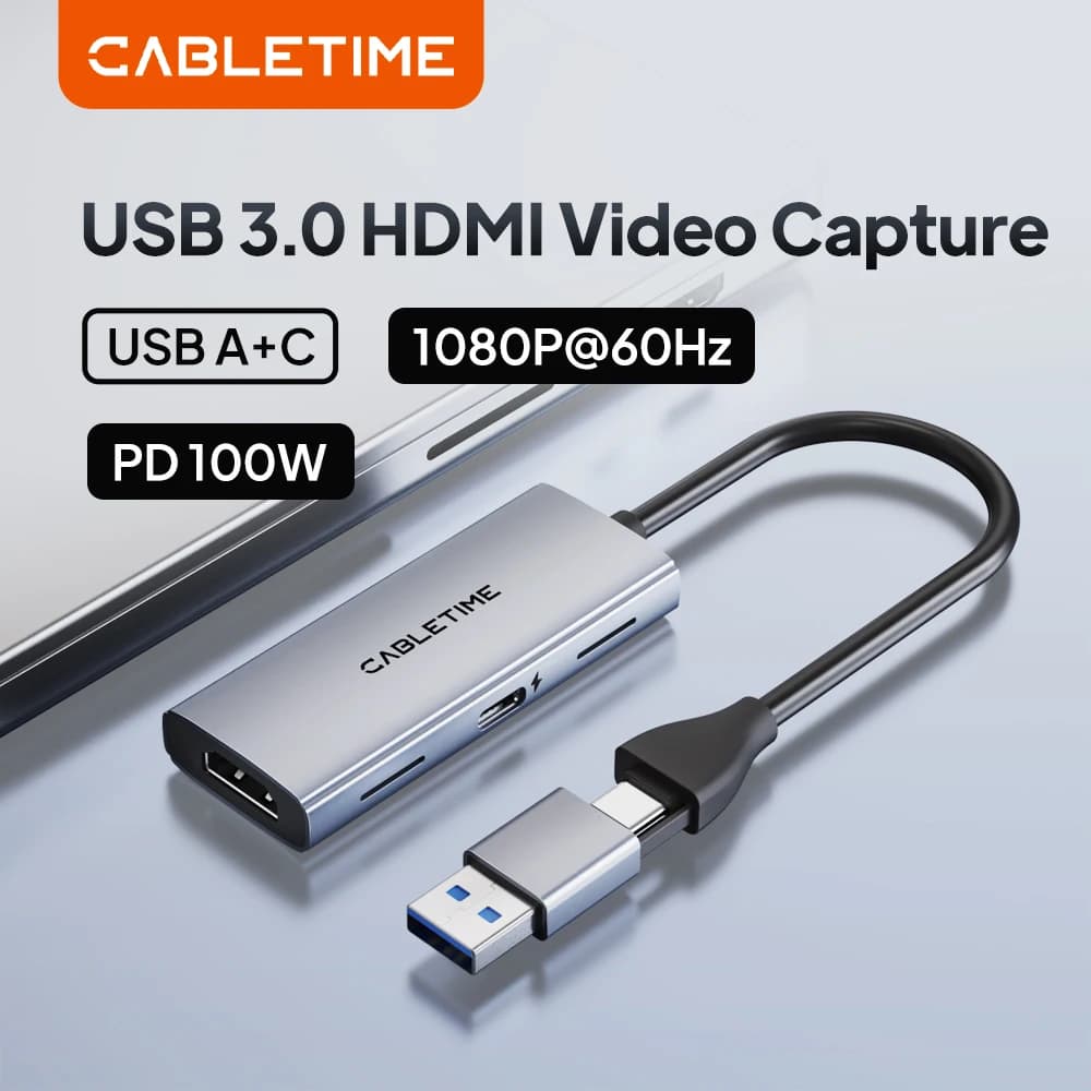 CABLETIME USB 3.0 Video Capture Card HDMI PD 100W 5Gbps USB A + C Aluminum 1080p Full HD for Meta Quest 3 PS5 Transmission Switch 1/2