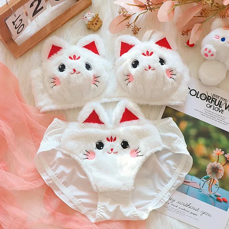 Winter Japanese lingerie, red cat furry, plush bra, furry, warm and sexy women's lingerie