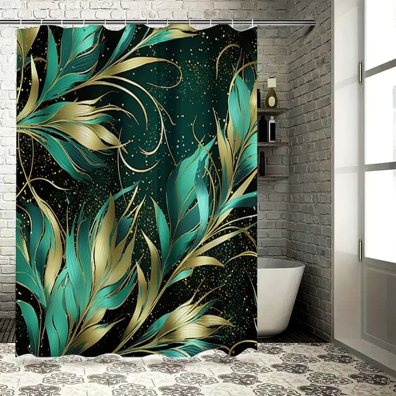 Tenda da doccia in oro verde Lussuoso motivo a piume Tessuto decorativo Accessori da bagno Bagno moderno Decorazioni per la casa
