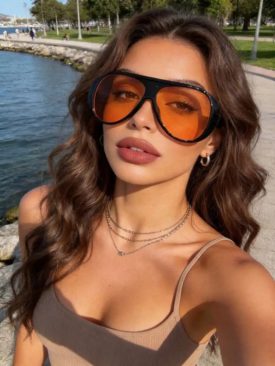 Women Pilot Style Oversized Sunglasses With Orange Lens Street Fashion Outdoor Casual Accessory
