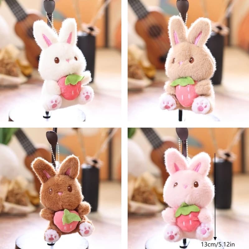 Lovely Strawberry Bunny Plush Keychain Cartoon Stuffed Doll Keyring Student Bag Pendant Backpack Hanging Decoration Kids Gifts