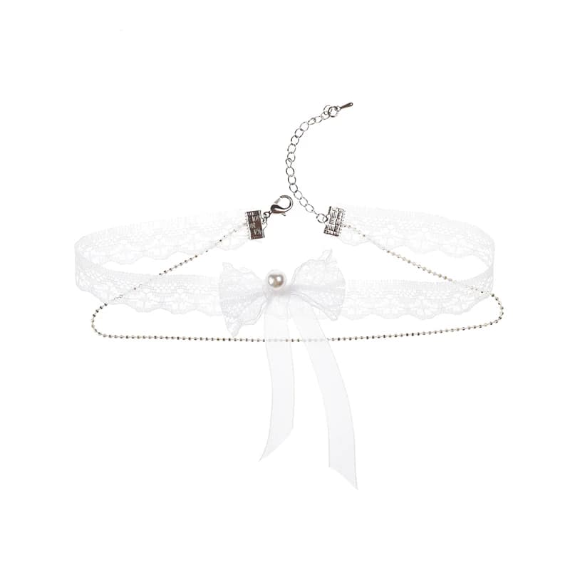 White Faux Lace Bowknot Choker, Elegant Short Chain Neck Accessories for Women