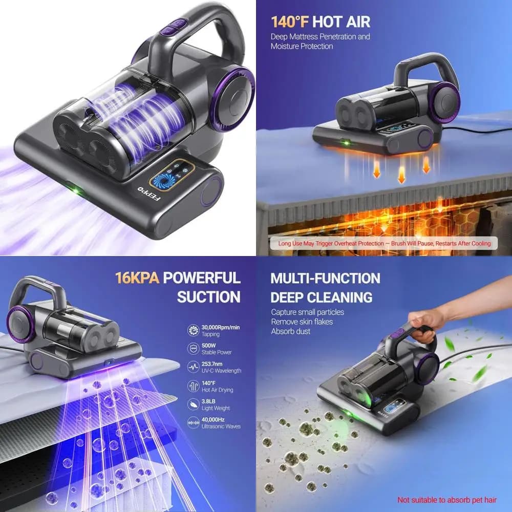 Aspirapolvere per letto UV-C da 16Kpa con filtro HEPA, 140 ° Stufa Elettrica con Cavo da 500W per Letto, Divano, Culla