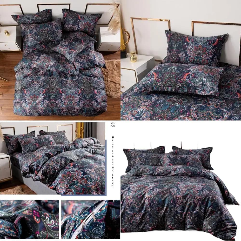 Set Copripiumino Queen Size Paisley Boho Damascato in Cotone Spazzolato 100% con 1 Copripiumino e 2 Federe - Per Tutte le Stagioni Blu
