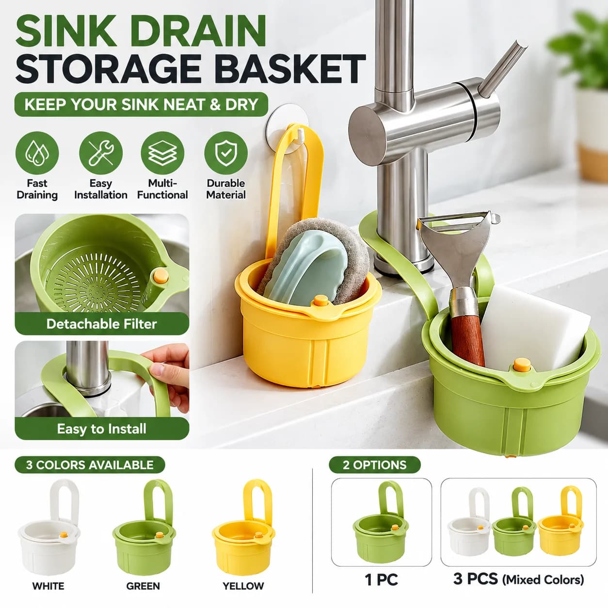 1/3Pcs Green Yellow White Kitchen Sink Strainer Basket Hanging Drain Storage Basket Food Waste Filter Removable