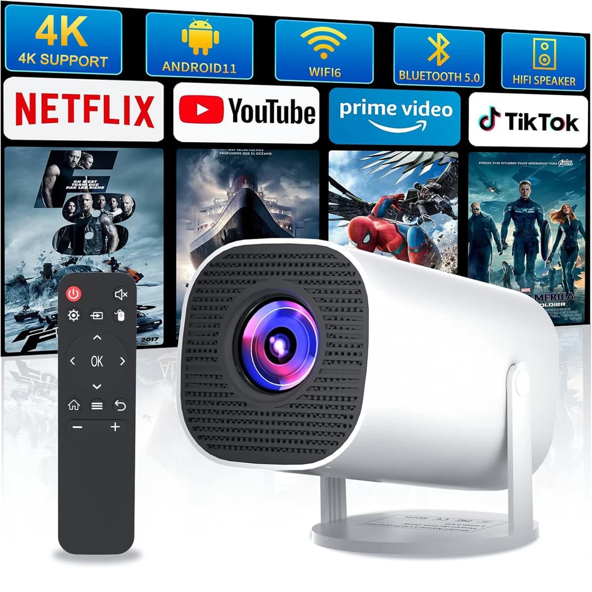 Mini proiettore con WiFi e Bluetooth, supporto 4K, sistema Android, portatile per home theater, business, giochi