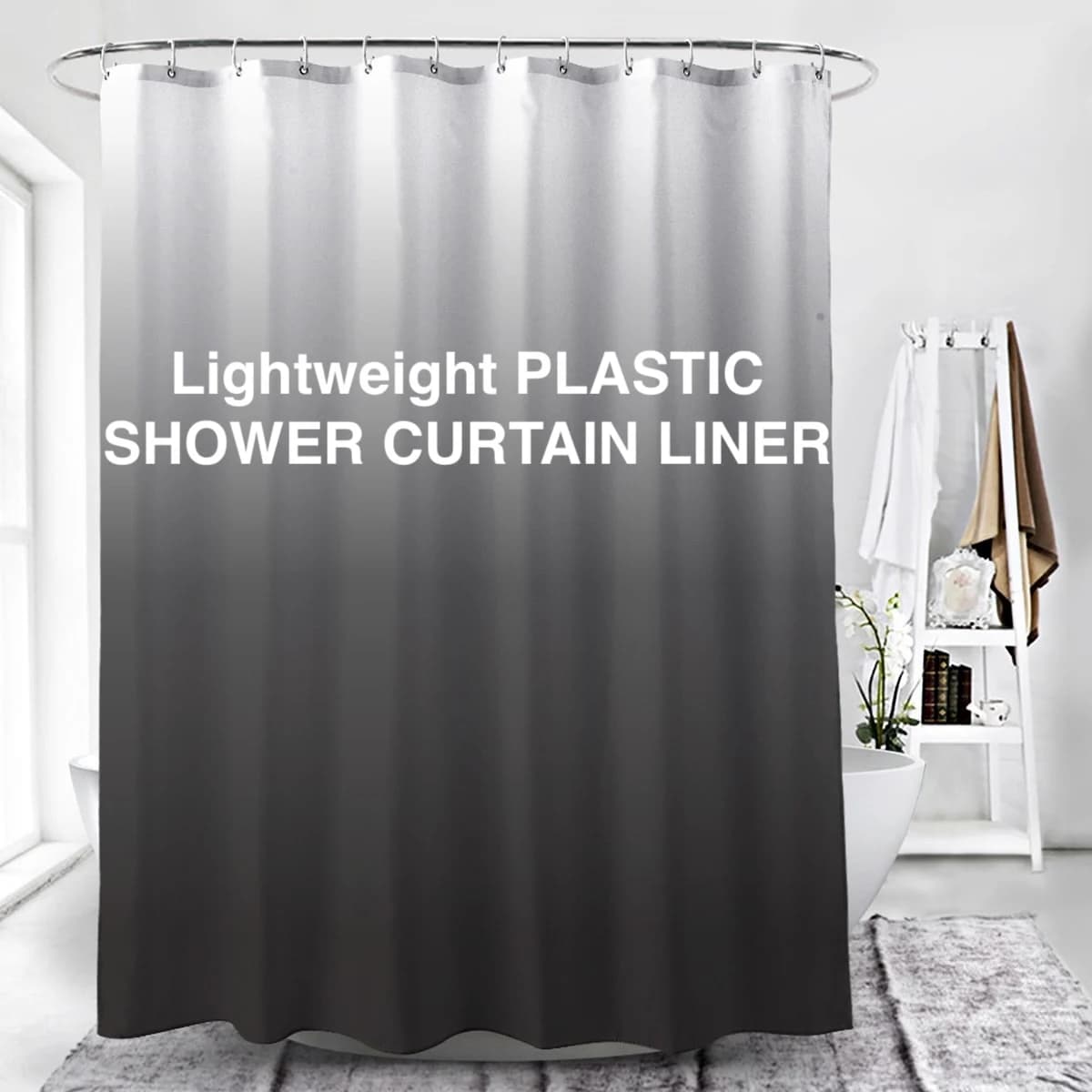 Tenda da doccia sfumata grigia 1 pezzo con ganci in plastica, fodera per tenda da bagno in plastica Peva con occhielli in metallo, divisorio per bagno