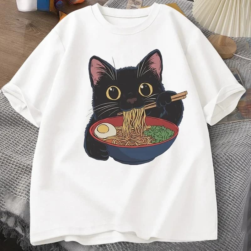 T-shirt giapponese con gatto ramen — Maglietta a maniche corte con simpatico cartone animato, esclusivamente per gli amanti dei gatti | T-shirt casual da donna con grafiche Y2K