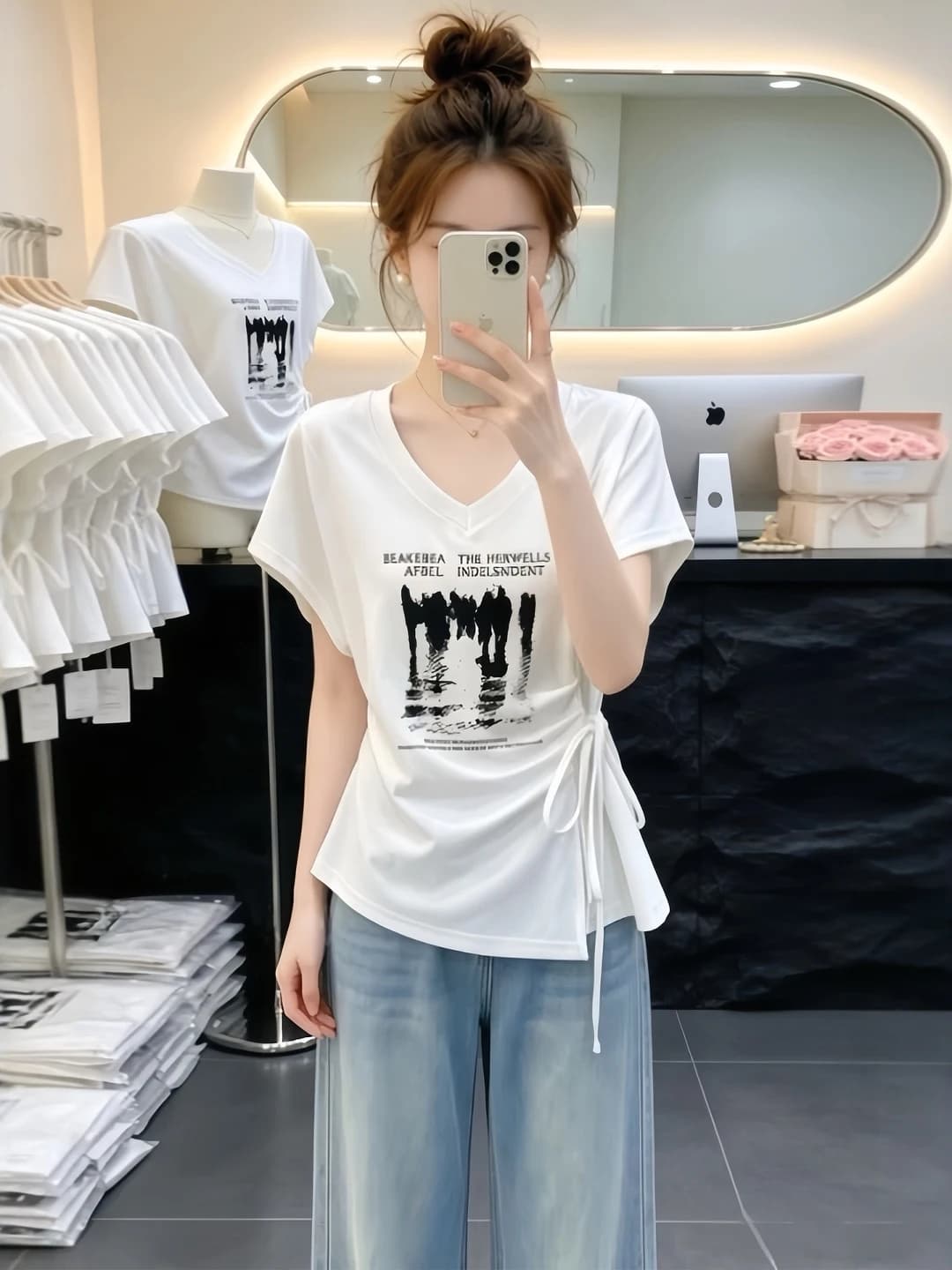 plus Size Korean Style V-Neck Printed Short Sleeve T-Shirt Women's Summer Slimming Belted Waist Design Trendy Top