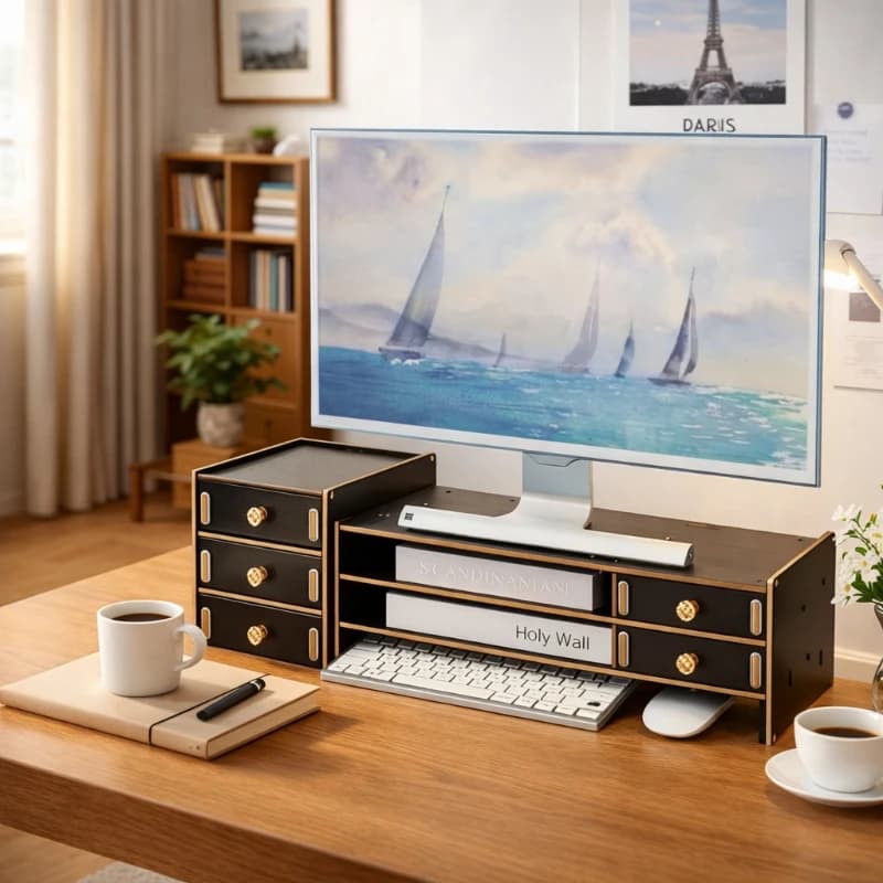 Support for desk monitor with raised base and drawer, space saving organizer for workplace, desktop computer and home improvement