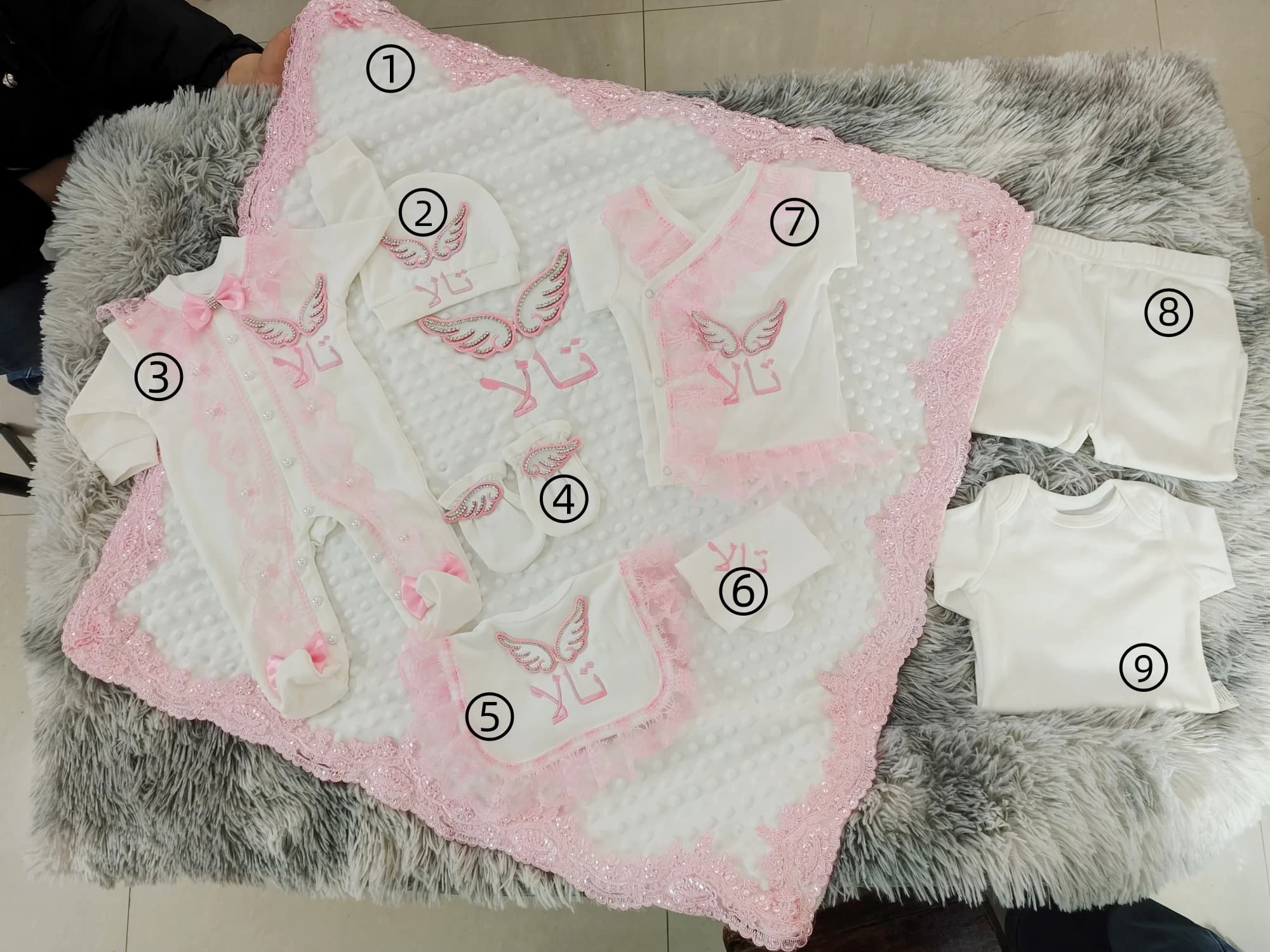 Organic Cotton 9Pcs Baby Girl Set – Angel Wing Romper with Embroidery Footed Onesie – For Sensitive Skin Baby Shower