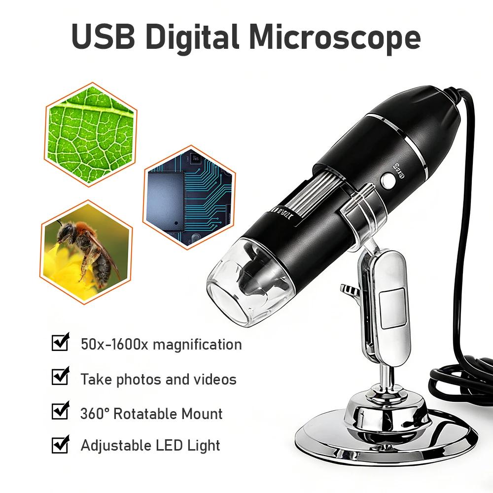 Microscopio Digitale USB 1600X Portatile per Riparazione PCB, Rilevamento di Pelli e Follicoli Piliferi, Compatibile con PC, Mac e Android