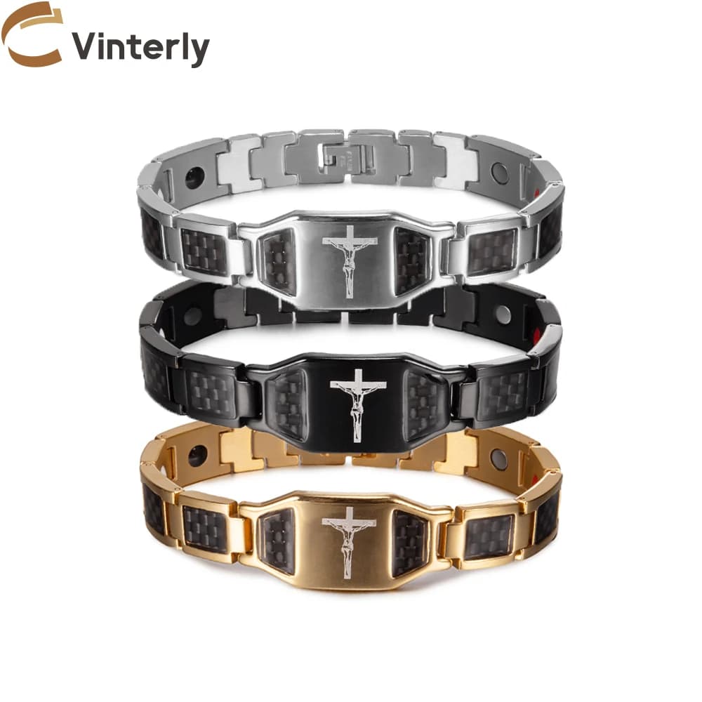 Jesus Magnetic bracciale Homme Black Carbon fiber Luxury Stainless Steel 21CM Health Energy Magnet Jewelry benefit Waterproof
