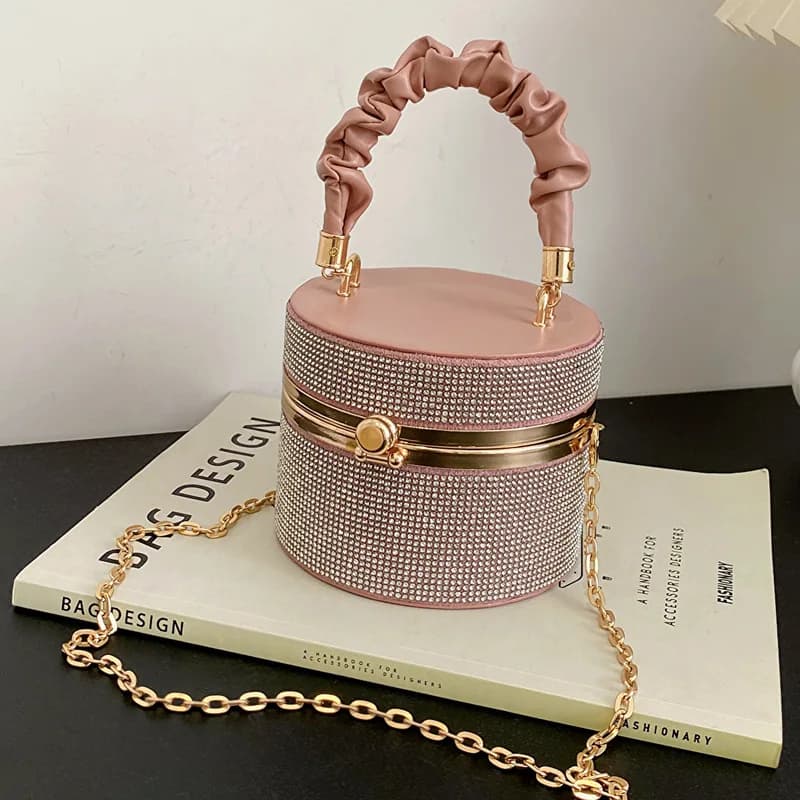 Borsa a secchiello rotonda 2023 borsa a tracolla con catena a lucchetto squisita con manico pieghettato con diamanti brillanti da donna