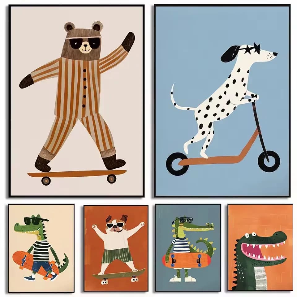 Funny Skateboard Dog Bear Crocodile Cartoon Abstract Animals Poster Canvas Painting Wall Art Pictures Home Nursery Decor Gift