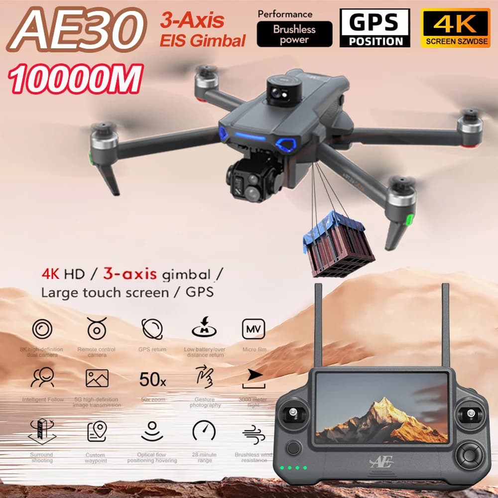 Nuovo Drone GPS AE30 con Fotocamera Professionale 8K, Telecomando con Schermo, Trasmissione Immagini Digitale 10km, Quadricottero RC Brushless