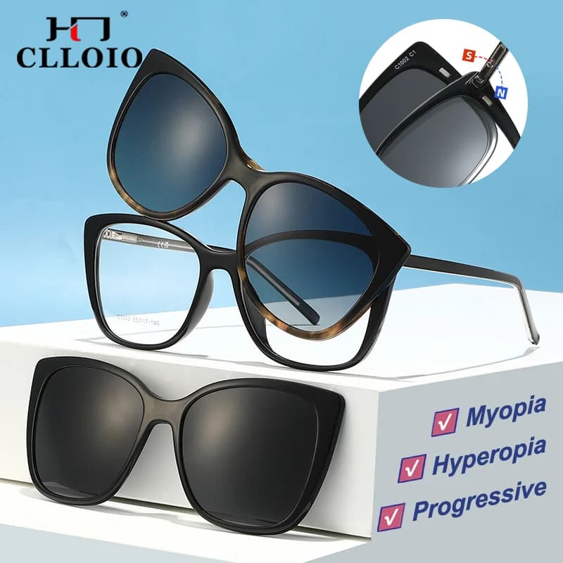 CLLOIO Occhiali da sole da guida magnetici polarizzati con clip per donna UV400 Occhiali da lettura con prescrizione Cat Eye anti luce blu miopia
