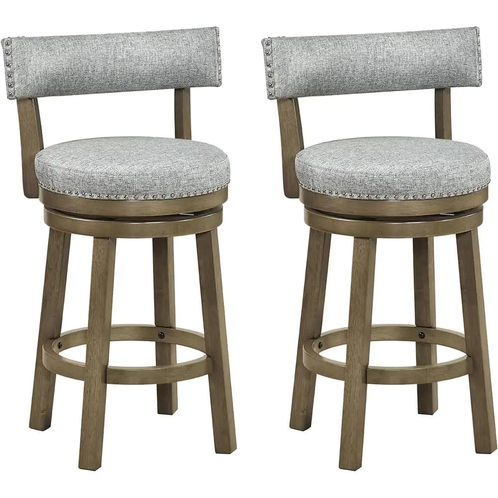 Set of 2 27 Swivel Bar Stools - Upholstered Back & Seat, Rubber Wood Legs, Footrest, Counter Height, Grey