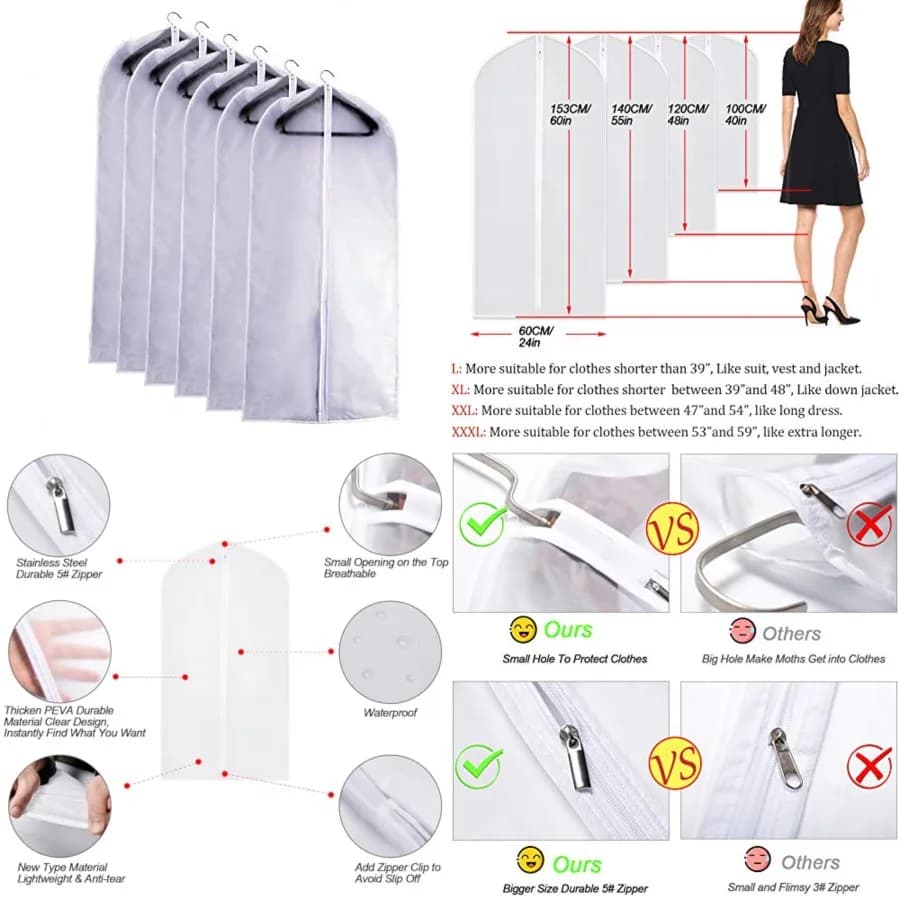 Sacche Porta Abiti da Appendere 24''x48'' - Confezione da 6 Sacche Impermeabili in Plastica con Cerniera per Vestiti e Abiti da Armadio