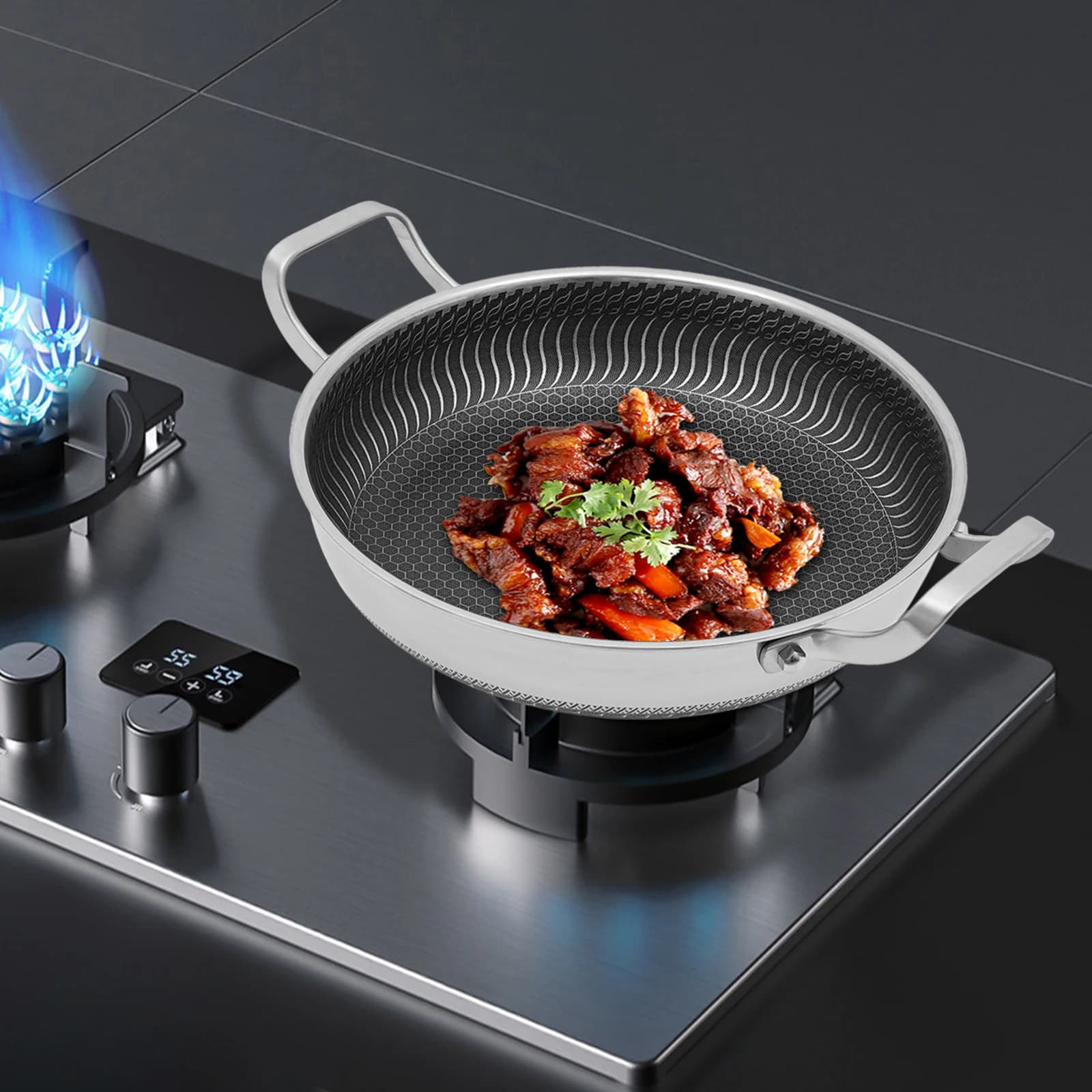 316 stainless steel pan with glass lid, uniform three-sided heater honeycomb, for gas stoves/induction/electrical