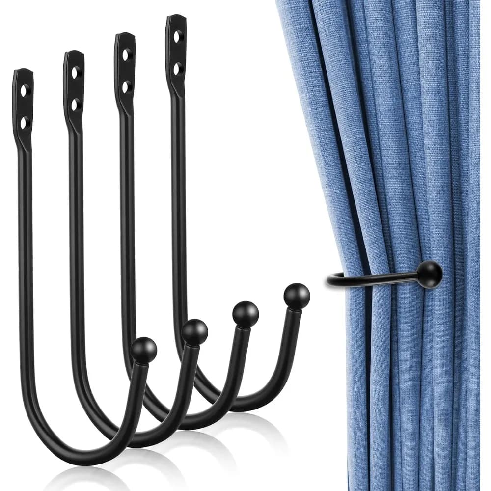 Decorative U Shaped Metal Curtain Holdbacks Wall Hooks Drapery Tie Backs Pull Backs Black Finish with Mounting Screws for Window Curtains 4 Pack