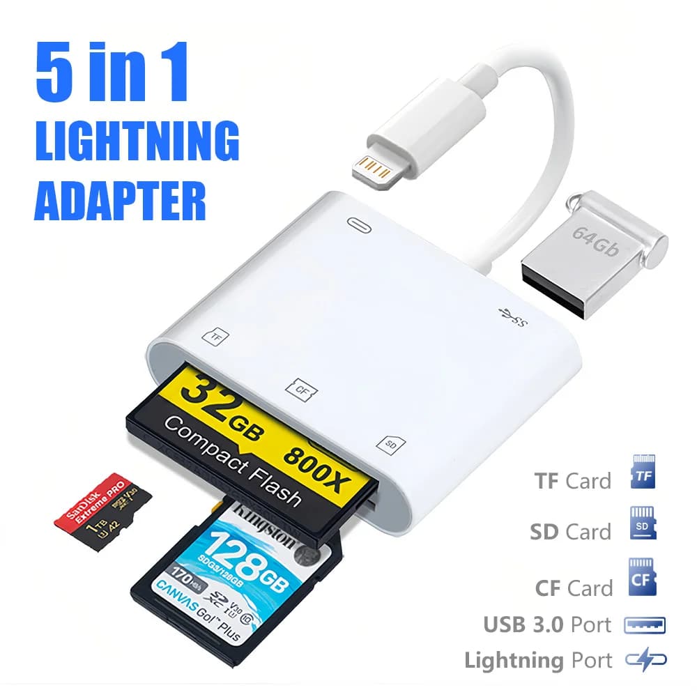 Lettore di schede SD 5 in 1 da Lightning a USB 3.0/SD/TF/CF, adattatore per schede con trasferimento dati rapido e ricarica per iPhone 14 13 Pro iPad