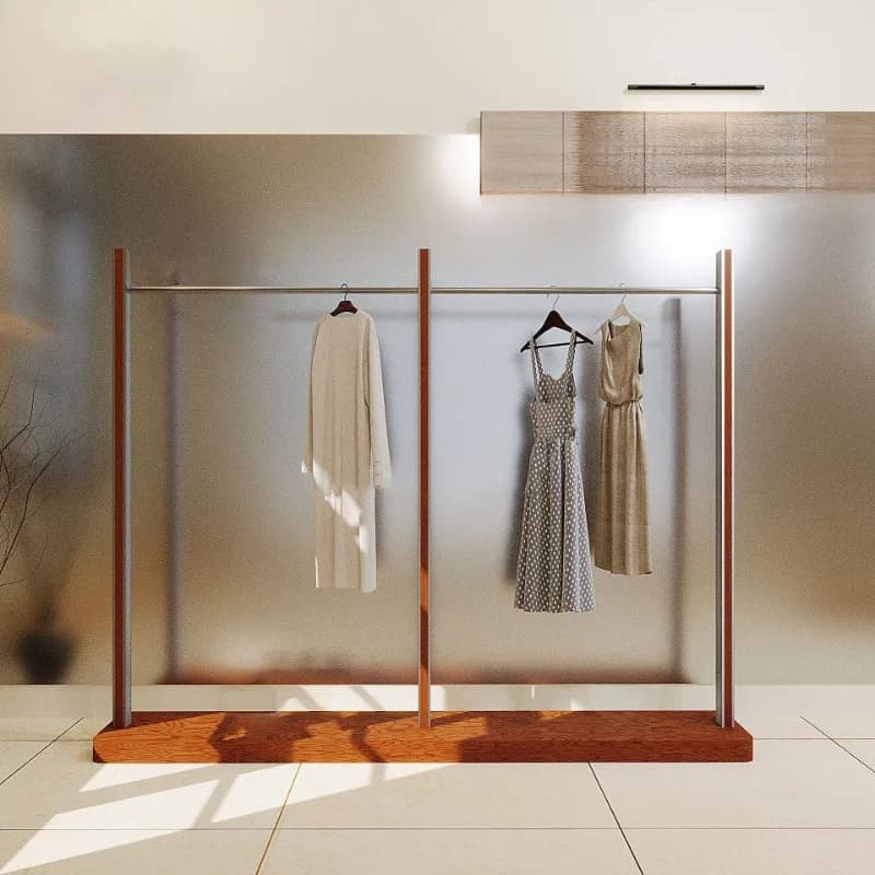 Floor-mounted hanger in solid wood, special shelves for exhibition man and woman in walnut for clothing stores