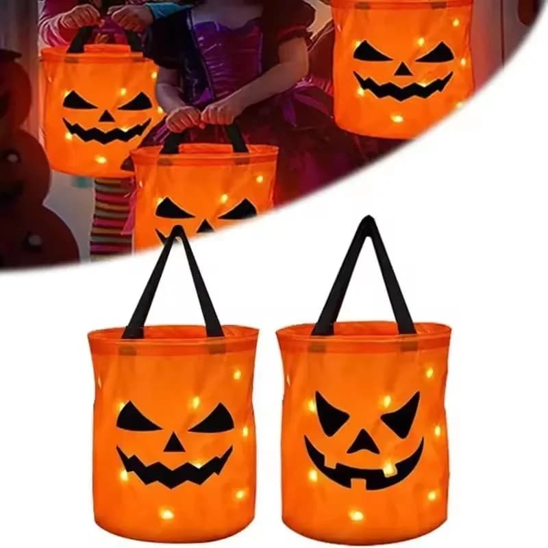 Borsa per dolcetti o dolcetti con secchiello per caramelle di Halloween con manico Cestino LED pieghevole Riutilizzabile per bomboniere Regalo per bambini Adulti