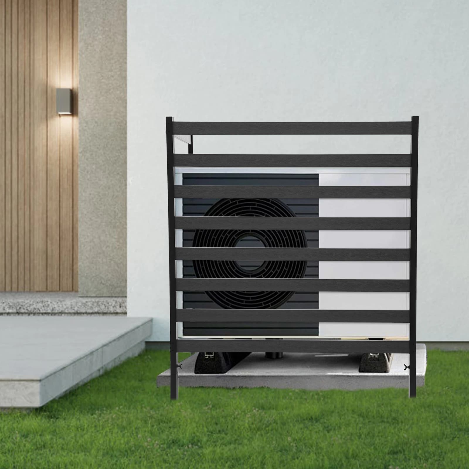 2 Panel Outdoor Air Conditioner Privacy Fence, Steel Pipe & Plastic-Wood AC Unit Screen, Windproof Slat Garden Enclosure With Ground Stakes For Trash Can, Pool Equipment Hideaway, Black 98.5×130cm