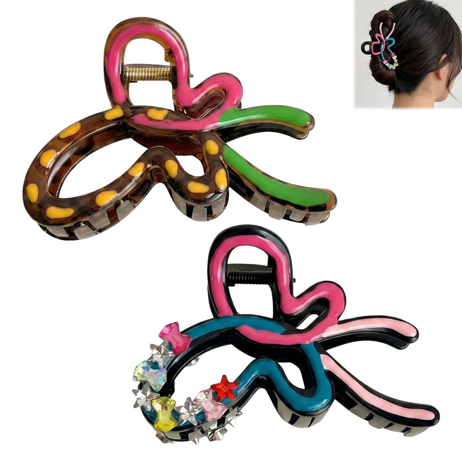 Dopamine Color Block Hair Claw Clip With Rhinestone Bowknot For Women Daily Use