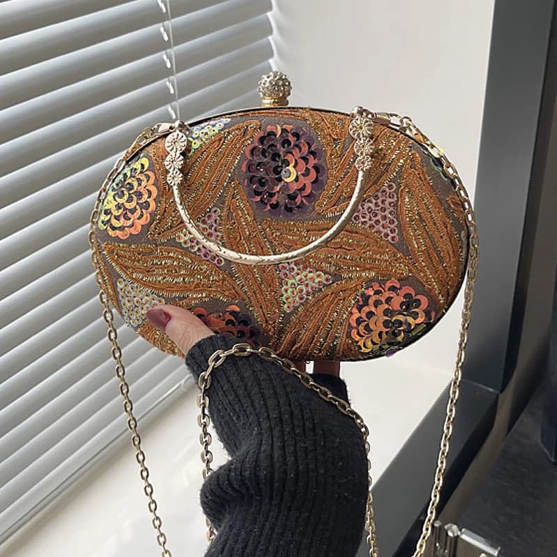 Retro Sequin Embroidery Flower Small Clutch Purses Metal Chain Shoulder Bag For Women Yellow Brown Party Handbags Shoulder Bag
