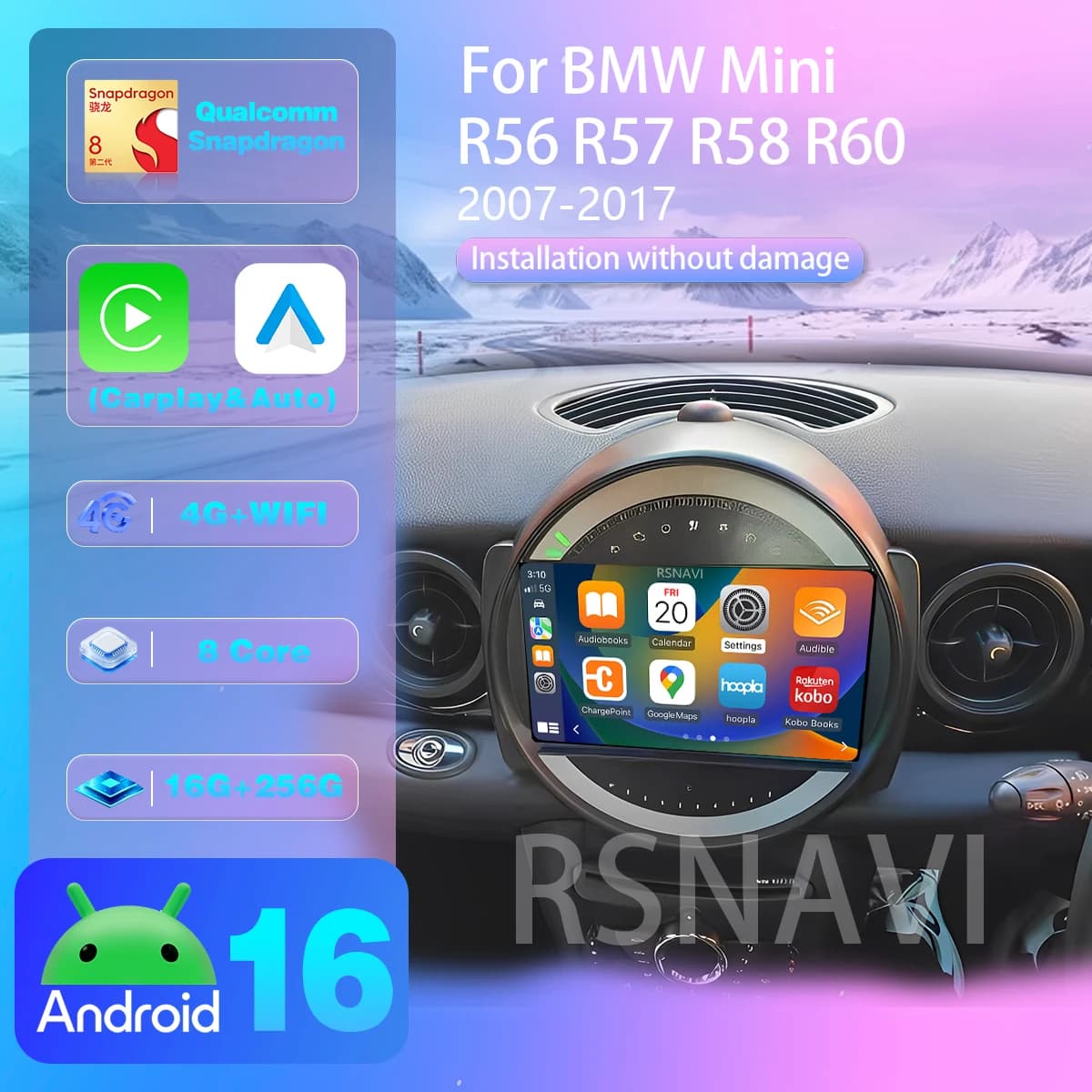 Android 16 RSNAVI For bmw R56 R60 MINI COOPER 2007 - 2017 Carplay auto steering wheel app control Plug and Play Snapdragon