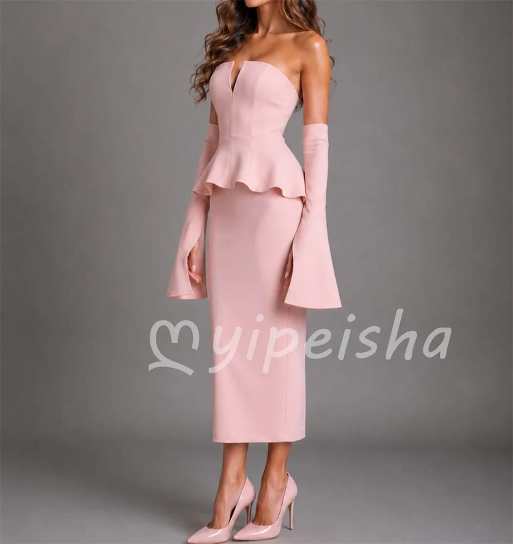 Matching Simple Pink Jersey Pleat Straight Strapless Tea Length Evening Dresses for Women's Party Gowns High Quality Customized