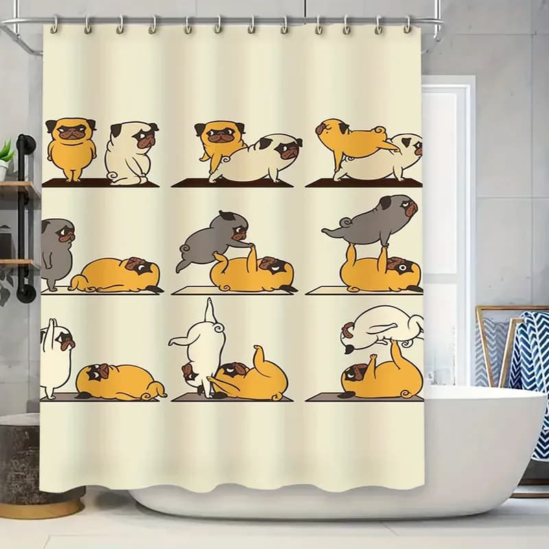 Adorabile tenda da doccia per yoga carlino, divertente arredamento da bagno per gli amanti dei cani