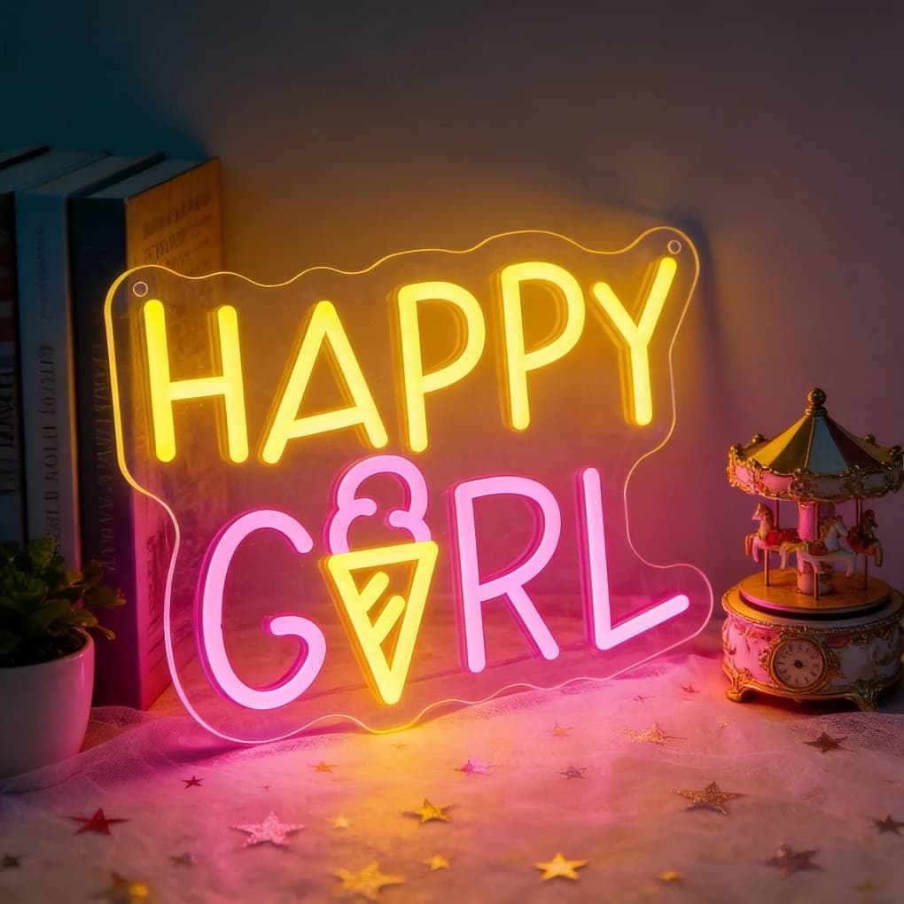 Insegna Luminosa al Neon 'Happy Girl' con LED a Forma di Gelato per Camera da Letto, Decorazione Kawaii, Regalo di Compleanno, Illuminazione per Feste