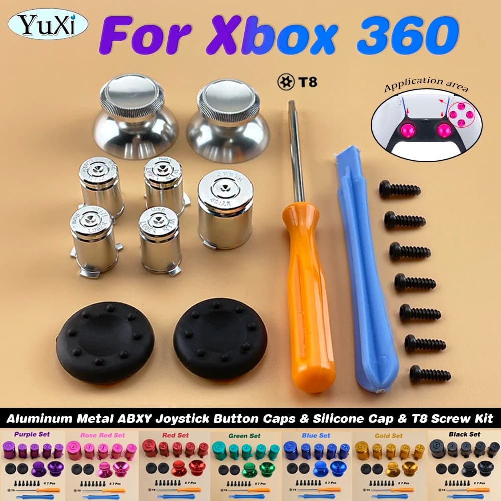 Pulsanti per levetta in metallo in alluminio chiave ABXY e tappo di copertura in Silicone antiscivolo e Kit di viti T8 per Controller per Gamepad Xbox 360 1Set