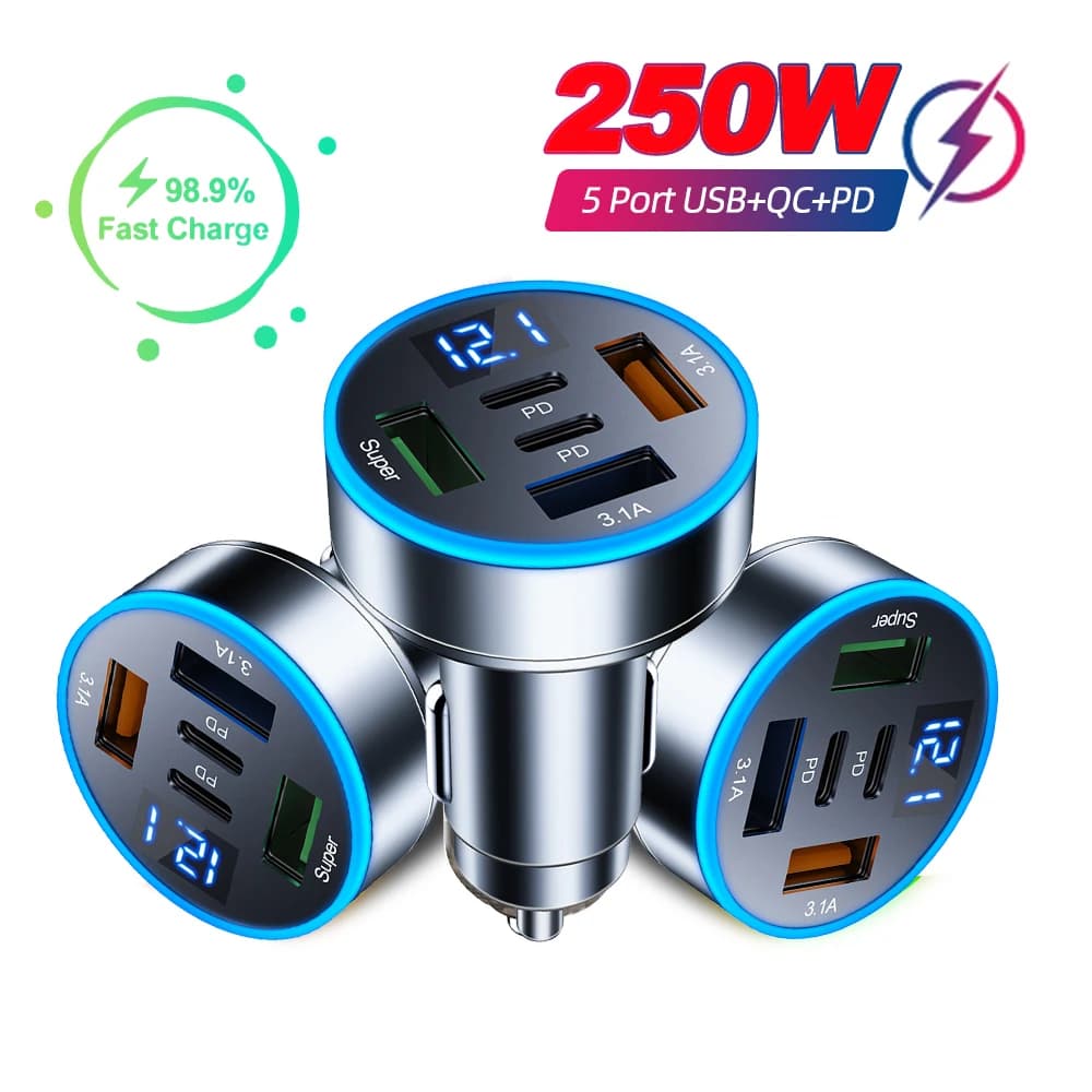 Caricabatteria da Auto 3usb 2PD 250W ricarica rapida adattatore USB tipo C adattatore per telefono cellulare automatico per iPhone Samsung Huawei Xiaomi