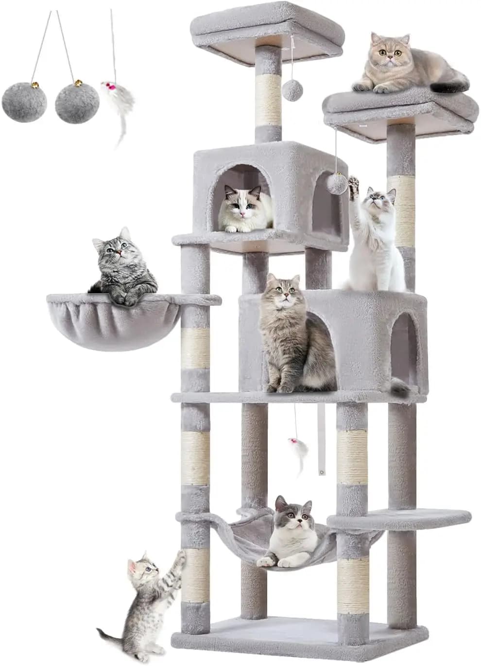 Albero per Gatti da 66 Pollici, Torre per Gatti da Interno, Cuccia Multilivello in Peluche con 7 Tiragraffi, 2 Posizioni di Riposo, 2 Grotte, Ham
