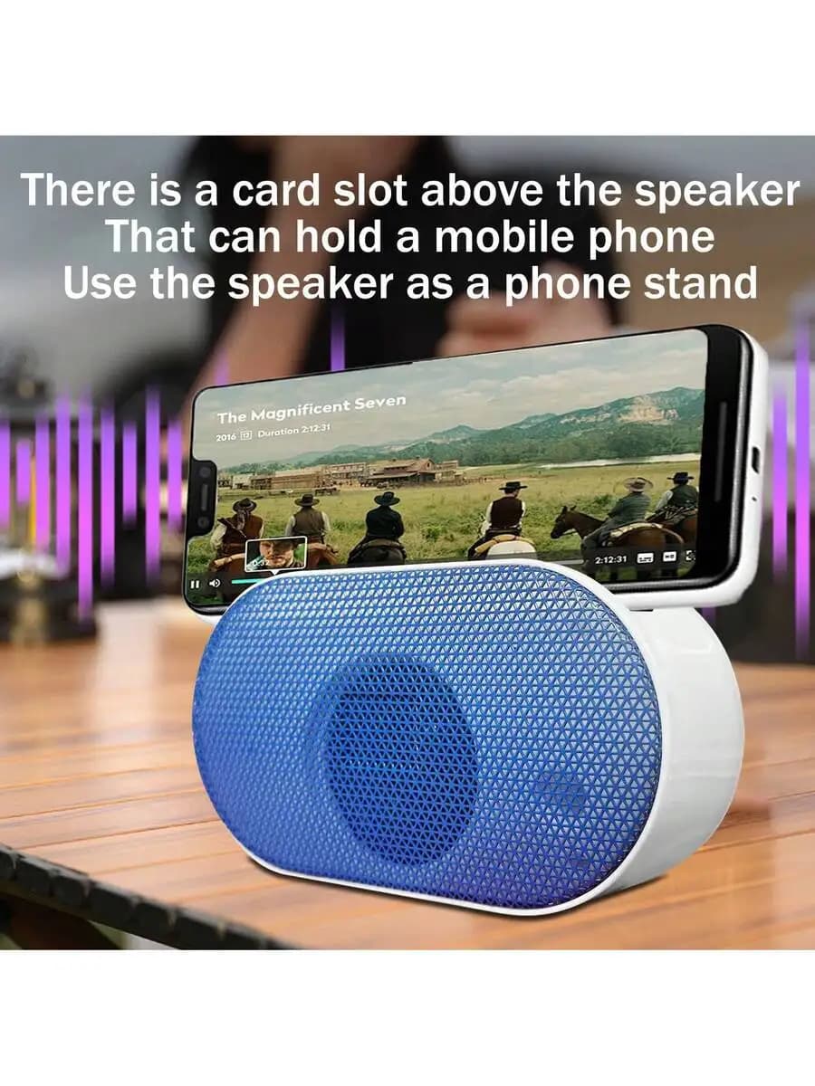 Altoparlante portatile Bluetooth 5.0 con supporto per telefono integrato, luci LED regolabili, riproduzione FM/USB e cordino per il trasporto.