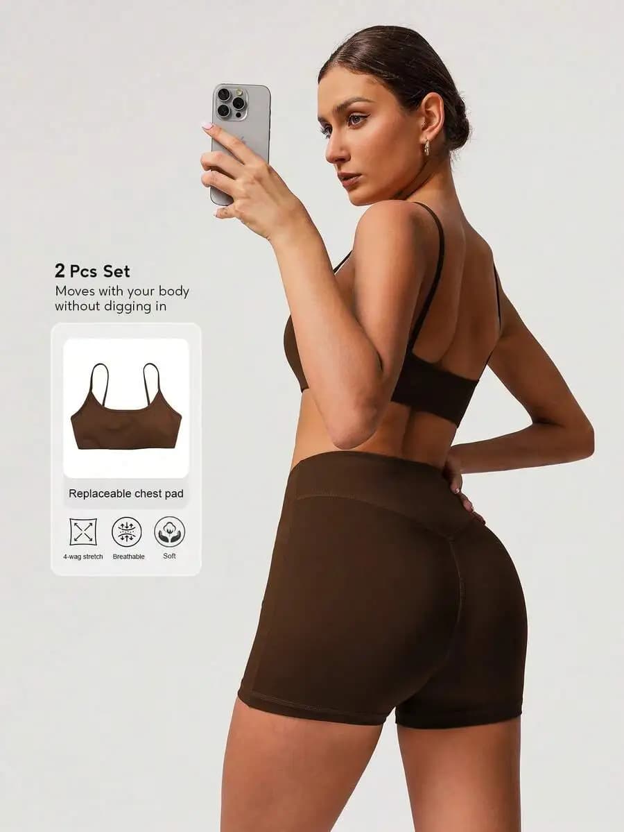 Set fitness da donna, 2 pezzi, reggiseno sportivo imbottito, pantaloncini da ciclismo senza cuciture, elasticizzati e traspiranti
