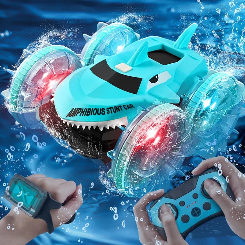Auto RC Anfibia con Doppio Telecomando, Impermeabile, Acrobatica, con Rotazione a 360°, Auto Squalo per Bambini