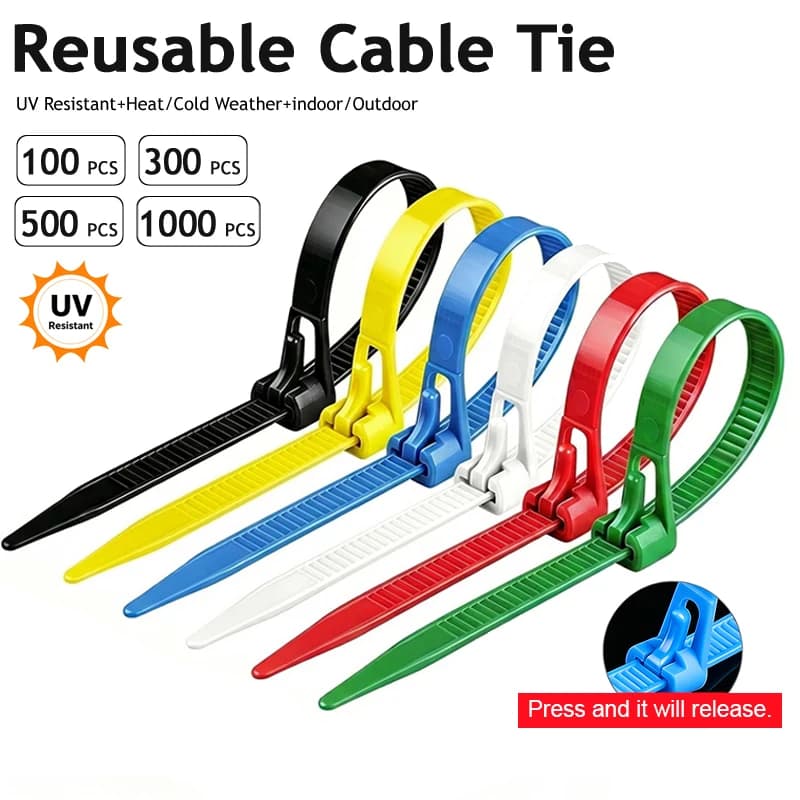 Reusable Plastic Cable Zip Ties with Quick Release Durable Nylon Wire Fasteners Adjustable Storage Bag for Home Office Outdoor