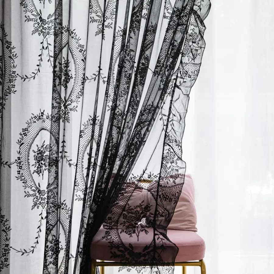 Black Lace Tents 244 cm Length 2 Panels, Transparent with Vintage Rose Floral Embroidery with Bedroom Balze and Living Room